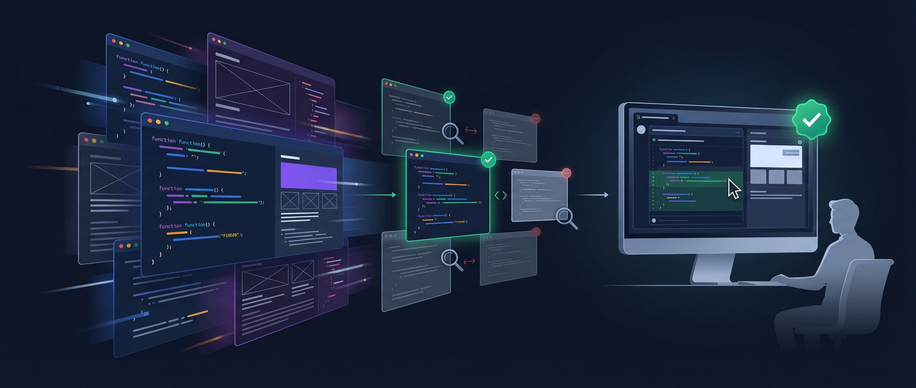 AI brain generating code flowing to a developer reviewing pull requests
