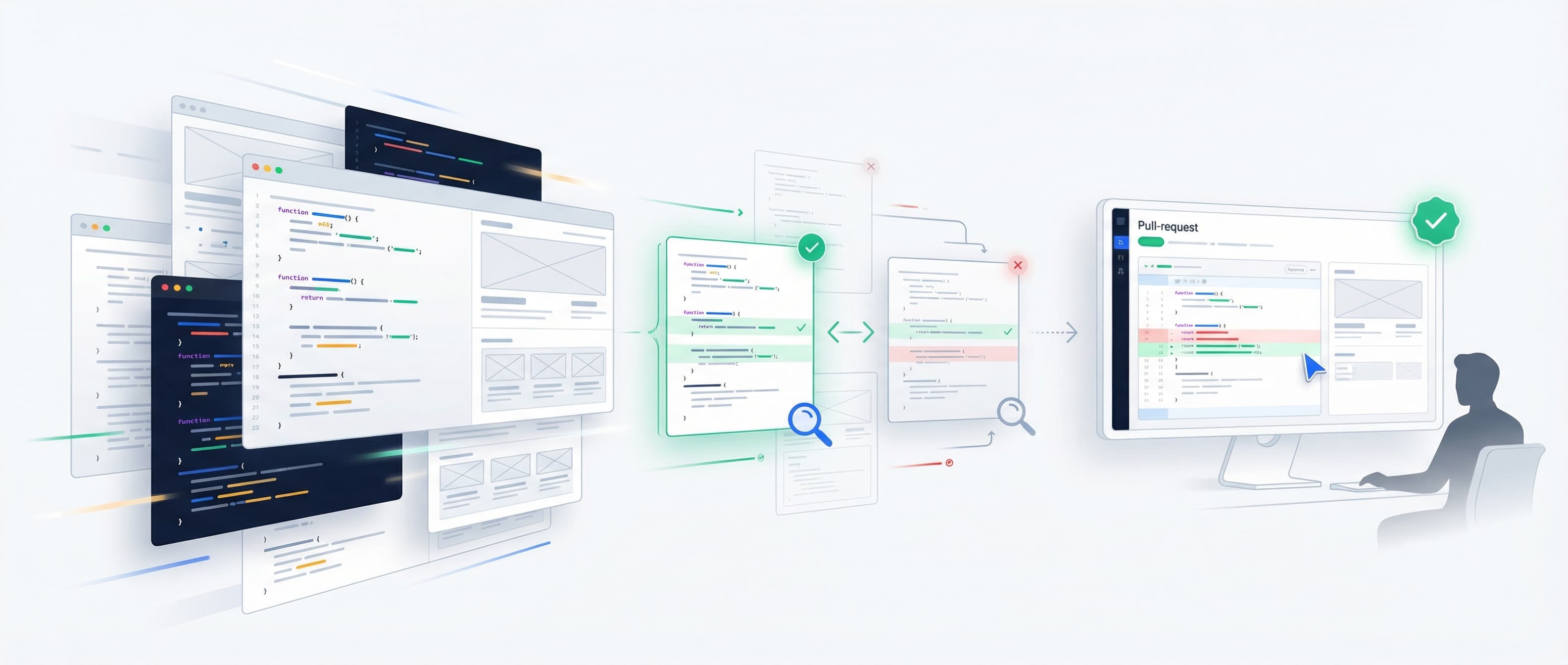 AI brain generating code flowing to a developer reviewing pull requests